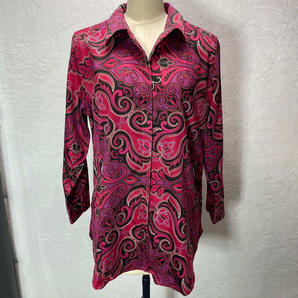 Chicos 2P (L) Vibrant Pink Purple Paisley Print Button Shirt Long Sleeve No Iron